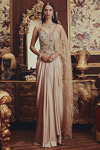 Beige Modal Satin & Net Sequin Embellished Gown by ROQA | Siddharth Khurana & Kartik Khurana