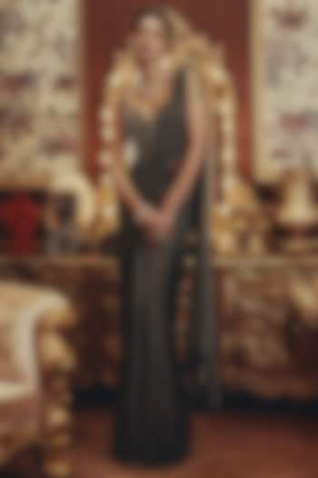 Metallic Black Shimmer Lycra Bead Embellished Draped Wedding Saree Set by ROQA | Siddharth Khurana & Kartik Khurana at Pernia's Pop Up Shop