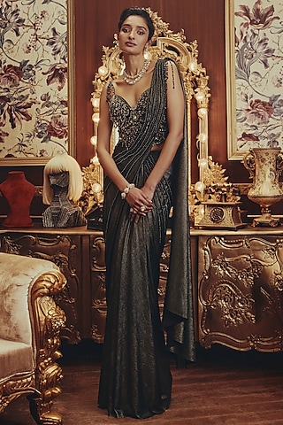 Metallic Black Shimmer Lycra Bead Embellished Draped Saree Set by ROQA | Siddharth Khurana & Kartik Khurana
