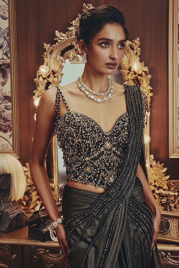 Metallic Black Shimmer Lycra Bead Embellished Draped Wedding Saree Set by ROQA | Siddharth Khurana & Kartik Khurana at Pernia's Pop Up Shop
