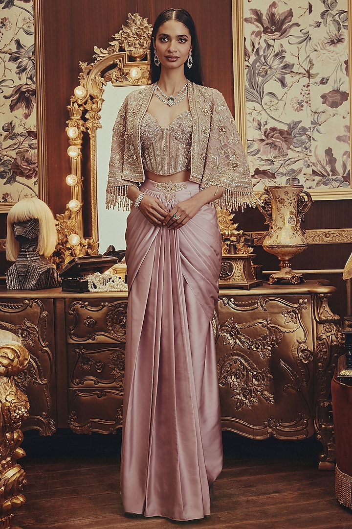 Dusty Pink Modal Satin Draped Skirt Set by ROQA | Siddharth Khurana & Kartik Khurana at Pernia's Pop Up Shop