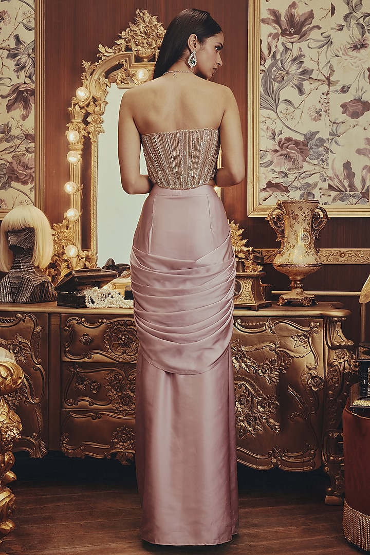 Dusty Pink Modal Satin Draped Skirt Set by ROQA | Siddharth Khurana & Kartik Khurana at Pernia's Pop Up Shop