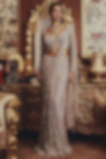 Lilac-Grey Net Mirror Embellished Draped Bridal Saree Set by ROQA | Siddharth Khurana & Kartik Khurana at Pernia's Pop Up Shop