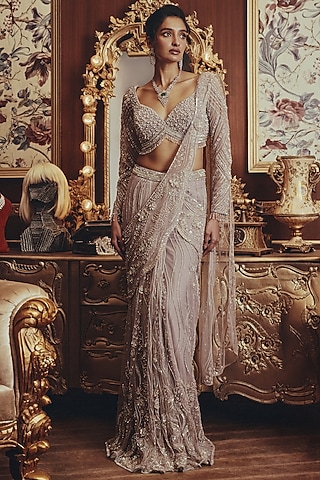 Lilac-Grey Net Mirror Embellished Draped Saree Set by ROQA | Siddharth Khurana & Kartik Khurana