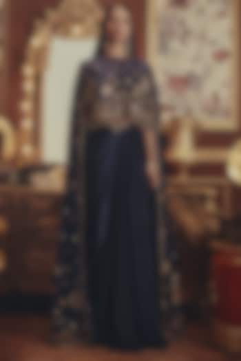Deep Navy Modal Satin Pleated Skirt Set by ROQA | Siddharth Khurana & Kartik Khurana at Pernia's Pop Up Shop