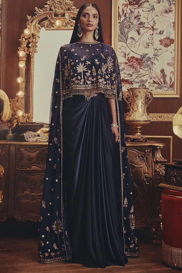 Deep Navy Modal Satin Pleated Skirt Set by ROQA | Siddharth Khurana & Kartik Khurana at Pernia's Pop Up Shop