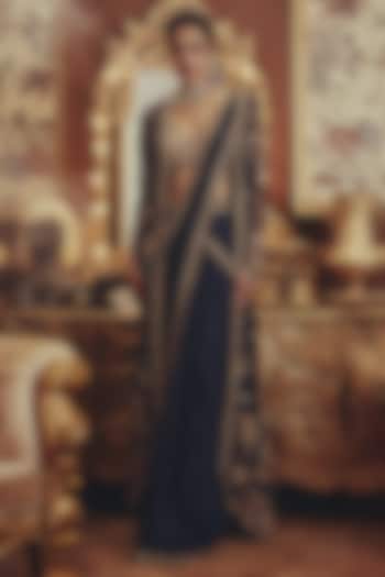 Navy Blue Georgette Floral Embellished Draped Jacket Reception Saree Set by ROQA | Siddharth Khurana & Kartik Khurana at Pernia's Pop Up Shop