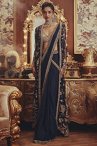 Navy Blue Georgette Floral Embellished Draped Jacket Saree Set by ROQA | Siddharth Khurana & Kartik Khurana