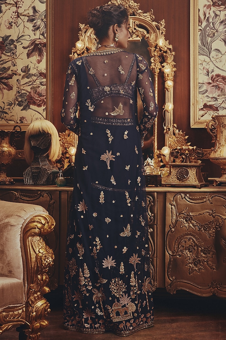 Navy Blue Georgette Floral Embellished Draped Jacket Reception Saree Set by ROQA | Siddharth Khurana & Kartik Khurana at Pernia's Pop Up Shop