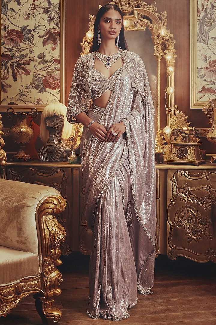 Grey Sequins Net Bead Embellished Jacket Reception Saree Set by ROQA | Siddharth Khurana & Kartik Khurana at Pernia's Pop Up Shop