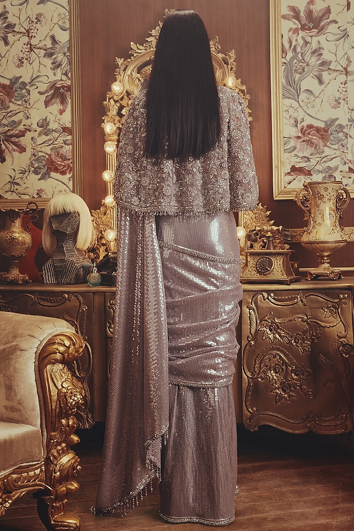Grey Sequins Net Bead Embellished Jacket Reception Saree Set by ROQA | Siddharth Khurana & Kartik Khurana at Pernia's Pop Up Shop