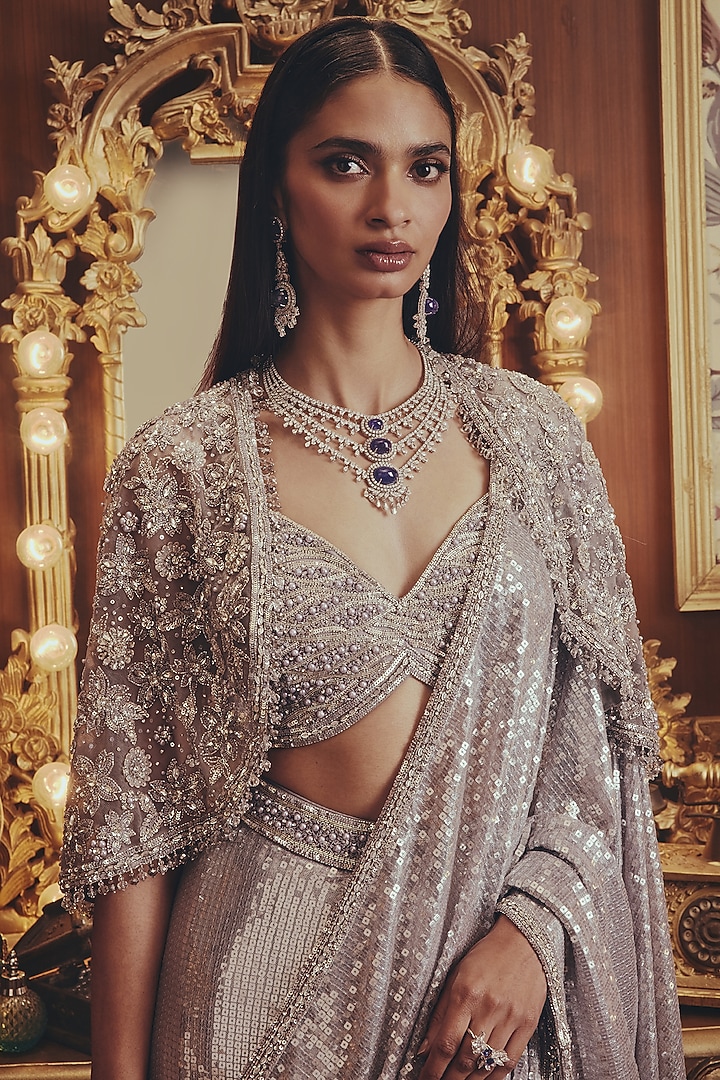 Grey Sequins Net Bead Embellished Jacket Reception Saree Set by ROQA | Siddharth Khurana & Kartik Khurana at Pernia's Pop Up Shop