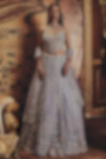 Blue Net Bead & Floral Embellished Bridal Lehenga Set by ROQA | Siddharth Khurana & Kartik Khurana at Pernia's Pop Up Shop