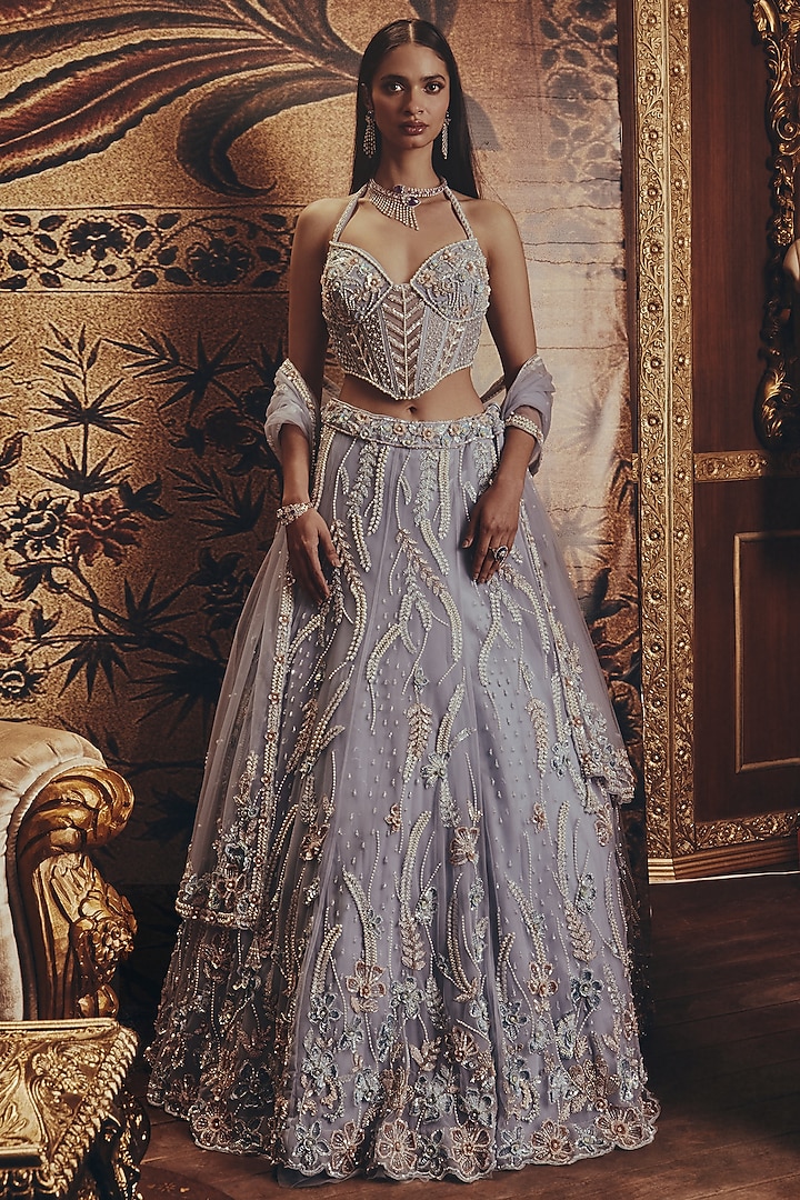 Blue Net Bead & Floral Embellished Bridal Lehenga Set by ROQA | Siddharth Khurana & Kartik Khurana at Pernia's Pop Up Shop