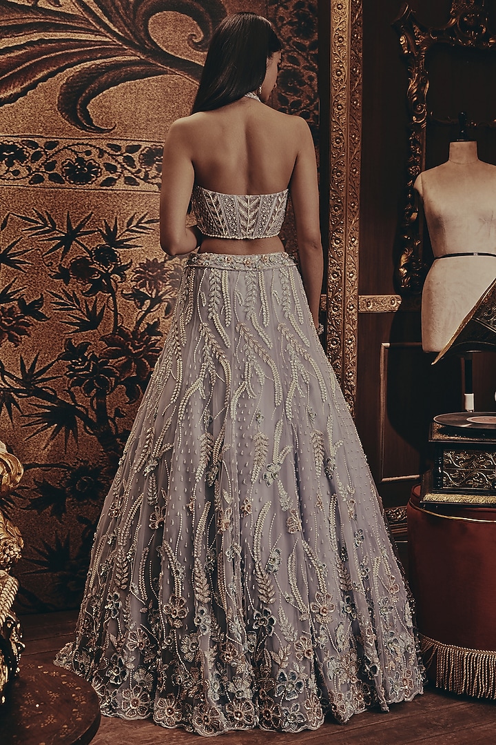 Blue Net Bead & Floral Embellished Bridal Lehenga Set by ROQA | Siddharth Khurana & Kartik Khurana at Pernia's Pop Up Shop