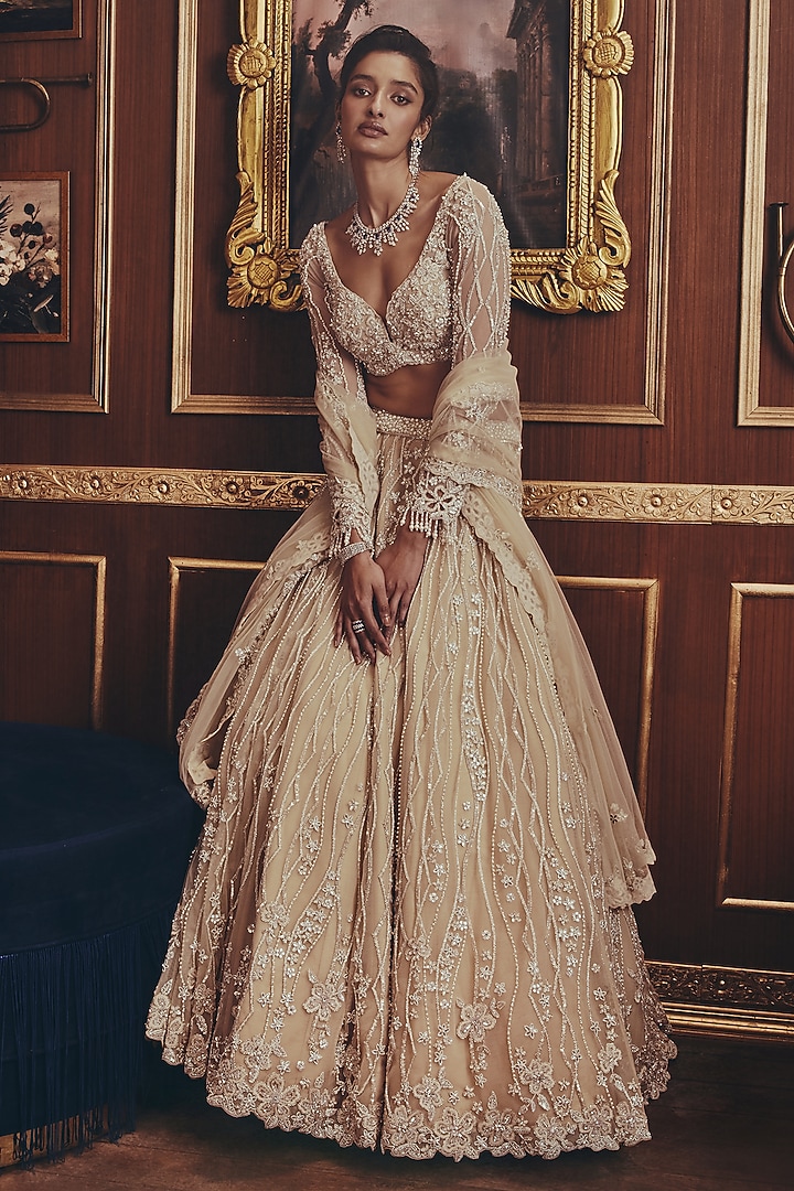 Ivory Net Embroidered Bridal Lehenga Set by ROQA | Siddharth Khurana & Kartik Khurana at Pernia's Pop Up Shop