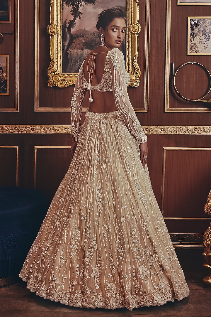Ivory Net Embroidered Bridal Lehenga Set by ROQA | Siddharth Khurana & Kartik Khurana at Pernia's Pop Up Shop