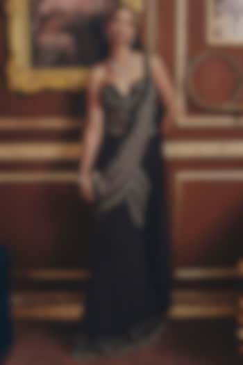 Black Georgette Gold Embellished Draped Reception Saree Set by ROQA | Siddharth Khurana & Kartik Khurana at Pernia's Pop Up Shop