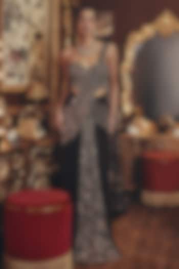 Black Georgette Metallic Embellished Draped Reception Saree Set by ROQA | Siddharth Khurana & Kartik Khurana at Pernia's Pop Up Shop