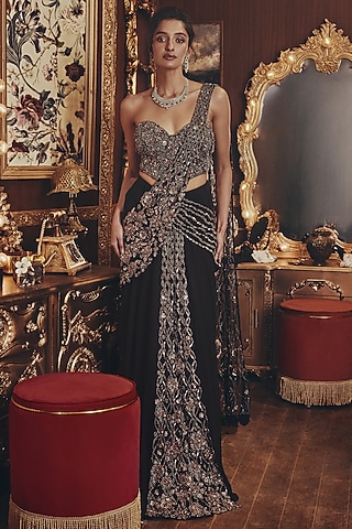 Black Georgette Metallic Embellished Draped Saree Set by ROQA | Siddharth Khurana & Kartik Khurana