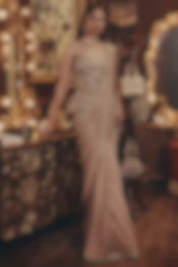 Taupe Georgette Crystal Embellished Draped Wedding Saree Set by ROQA | Siddharth Khurana & Kartik Khurana at Pernia's Pop Up Shop