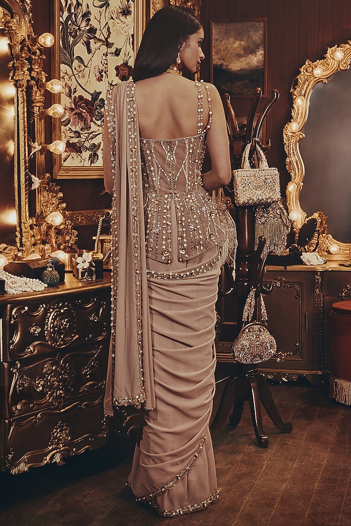 Taupe Georgette Crystal Embellished Draped Wedding Saree Set by ROQA | Siddharth Khurana & Kartik Khurana at Pernia's Pop Up Shop