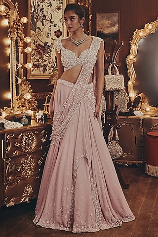 Blush Pink Georgette Embellished Draped Lehenga Set by ROQA | Siddharth Khurana & Kartik Khurana