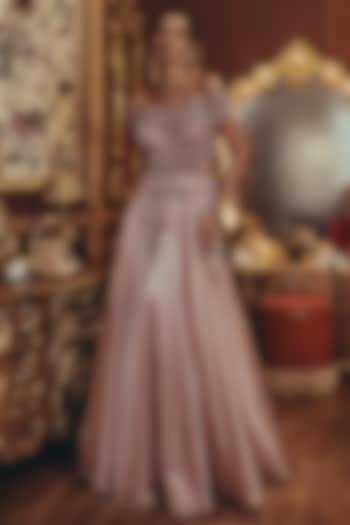 Pink Shimmer Organza Floral Embellished Off-Shoulder Engagement Gown by ROQA | Siddharth Khurana & Kartik Khurana at Pernia's Pop Up Shop