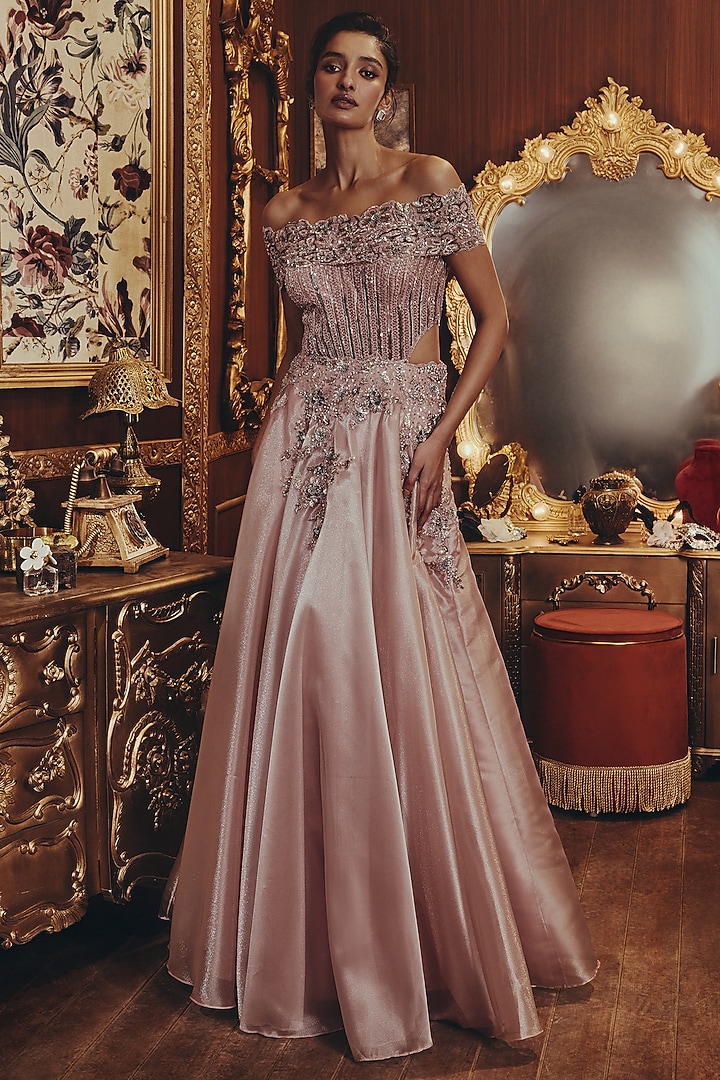 Pink Shimmer Organza Floral Embellished Off-Shoulder Engagement Gown by ROQA | Siddharth Khurana & Kartik Khurana at Pernia's Pop Up Shop