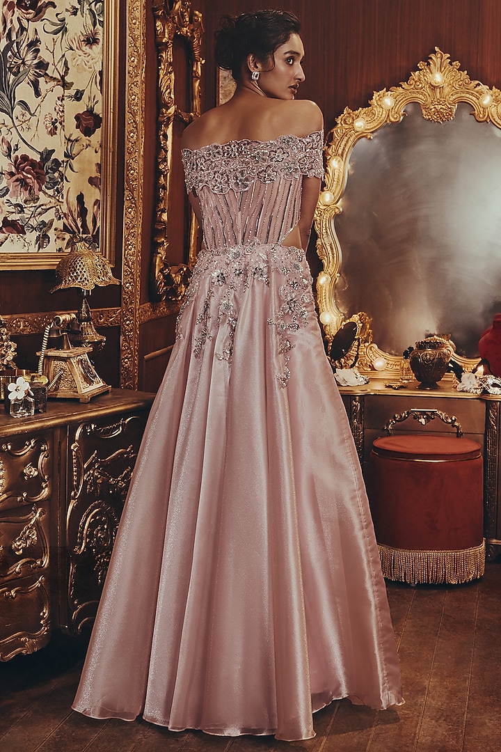 Pink Shimmer Organza Floral Embellished Off-Shoulder Engagement Gown by ROQA | Siddharth Khurana & Kartik Khurana at Pernia's Pop Up Shop