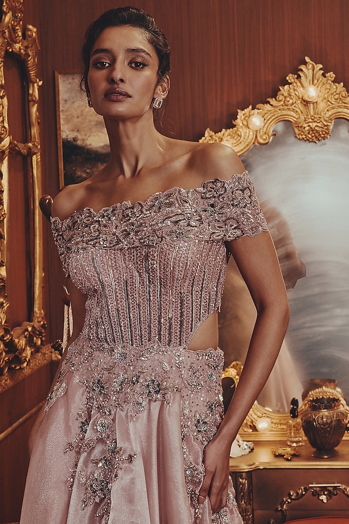 Pink Shimmer Organza Floral Embellished Off-Shoulder Engagement Gown by ROQA | Siddharth Khurana & Kartik Khurana at Pernia's Pop Up Shop