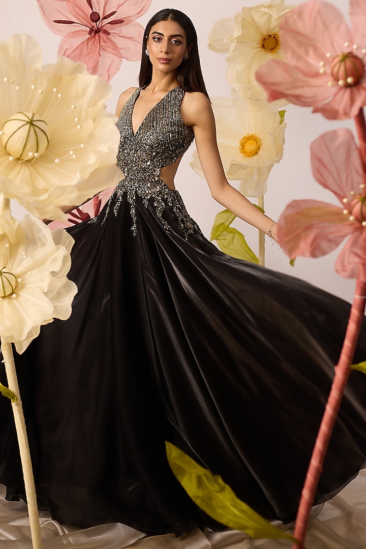 Black Organza Sequins & Cutdana Hand Embroidered Gown by ROQA