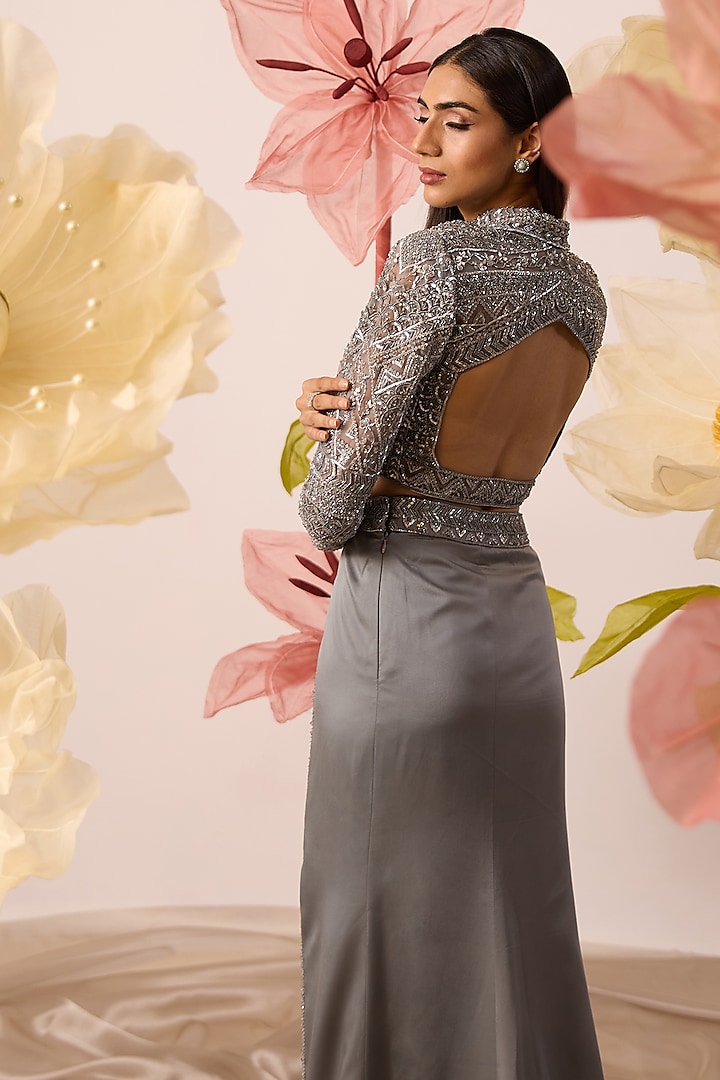 Grey Modal Satin Straight Skirt Set by ROQA | Siddharth Khurana & Kartik Khurana at Pernia's Pop Up Shop