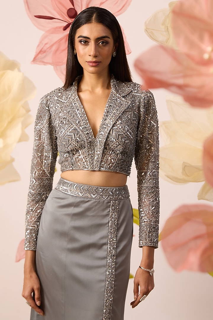 Grey Modal Satin Straight Skirt Set by ROQA | Siddharth Khurana & Kartik Khurana at Pernia's Pop Up Shop
