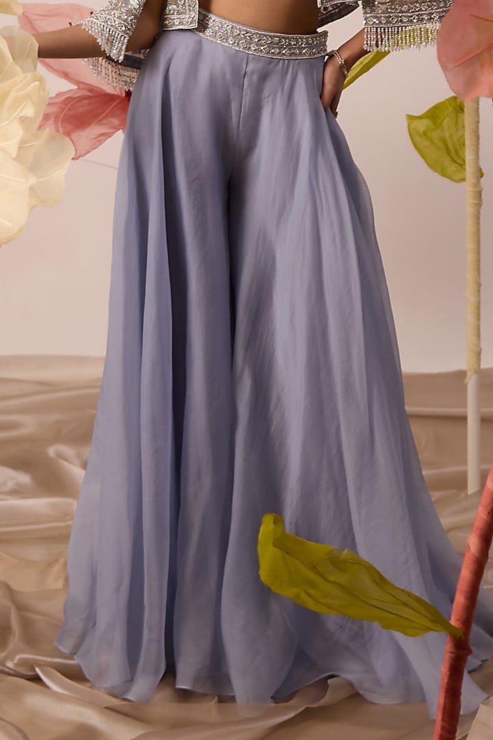 Blue Organza Flared Pant Set by ROQA | Siddharth Khurana & Kartik Khurana at Pernia's Pop Up Shop