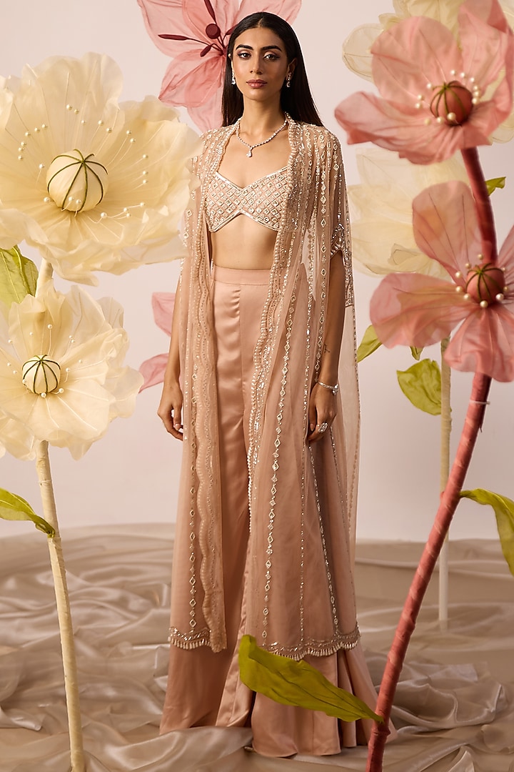 Peach Net Hand Embroidered Cape Set by ROQA