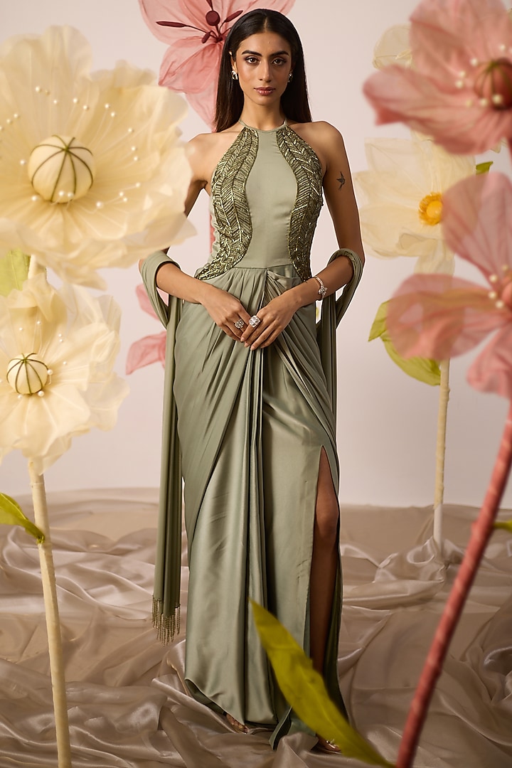 Jade Green Modal Satin Hand Embroidered Halter-Neck Straight Gown by ROQA