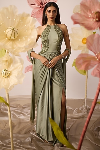 Jade Green Modal Satin Hand Embroidered Halter-Neck Straight Gown by ROQA | Siddharth Khurana & Kartik Khurana