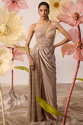 Rose Gold Modal Satin Pearl & Sequins Embroidered Draped Gown by ROQA | Siddharth Khurana & Kartik Khurana