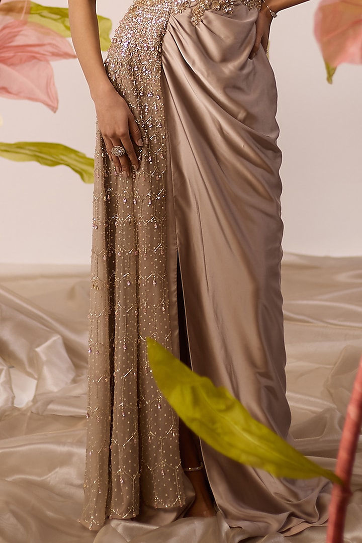 Rose Gold Modal Satin Pearl & Sequins Embroidered Draped Engagement Gown by ROQA | Siddharth Khurana & Kartik Khurana at Pernia's Pop Up Shop