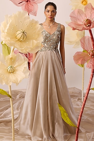 Grey Organza Embroidered Gown by ROQA | Siddharth Khurana & Kartik Khurana