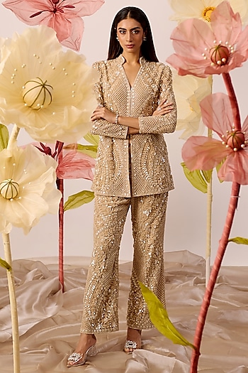 Gold Net Floral Motif Hand Embroidered Jacket Set by ROQA | Siddharth Khurana & Kartik Khurana at Pernia's Pop Up Shop