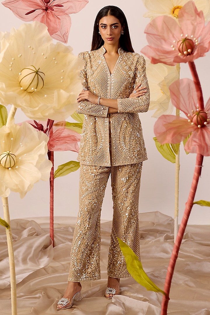 Gold Net Floral Motif Hand Embroidered Jacket Set by ROQA