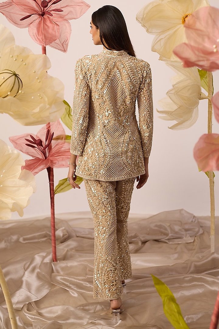 Gold Net Floral Motif Hand Embroidered Jacket Set by ROQA | Siddharth Khurana & Kartik Khurana at Pernia's Pop Up Shop