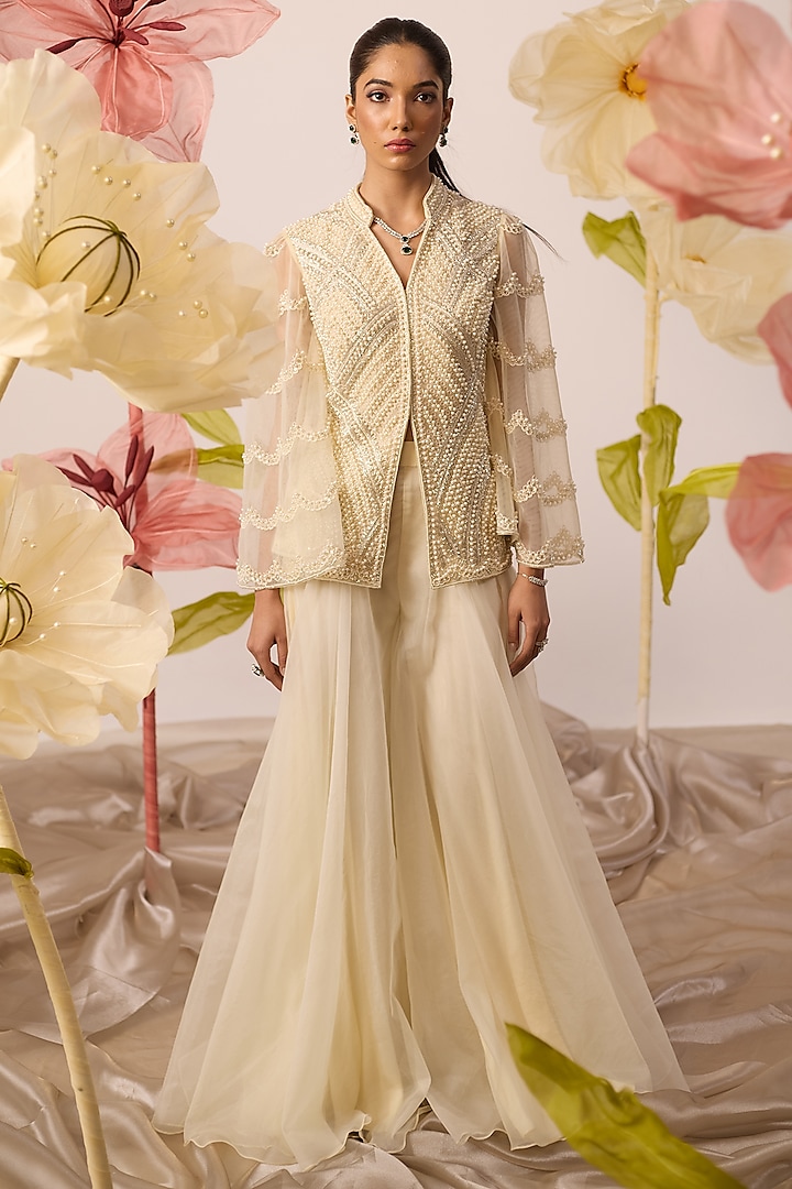 Ivory Net Hand Embroidered Jacket Set by ROQA