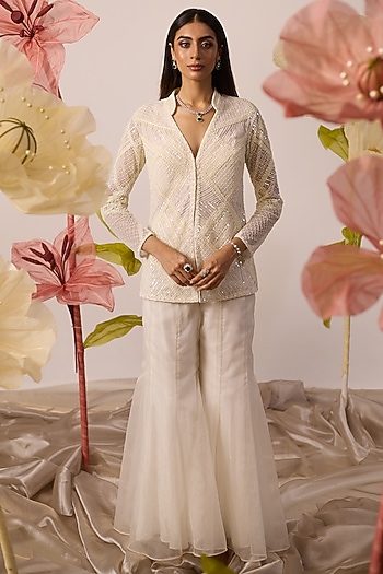 White Net Pearl Embroidered Jacket Set by ROQA | Siddharth Khurana & Kartik Khurana at Pernia's Pop Up Shop