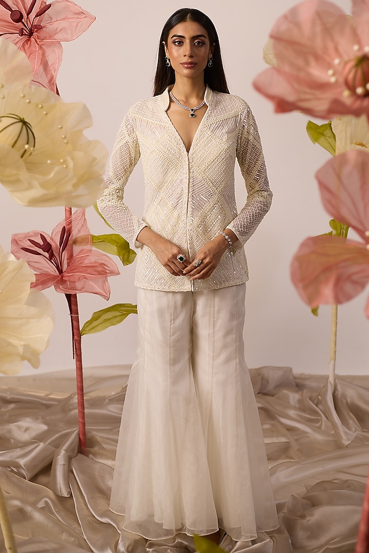 White Net Pearl Embroidered Jacket Set by ROQA