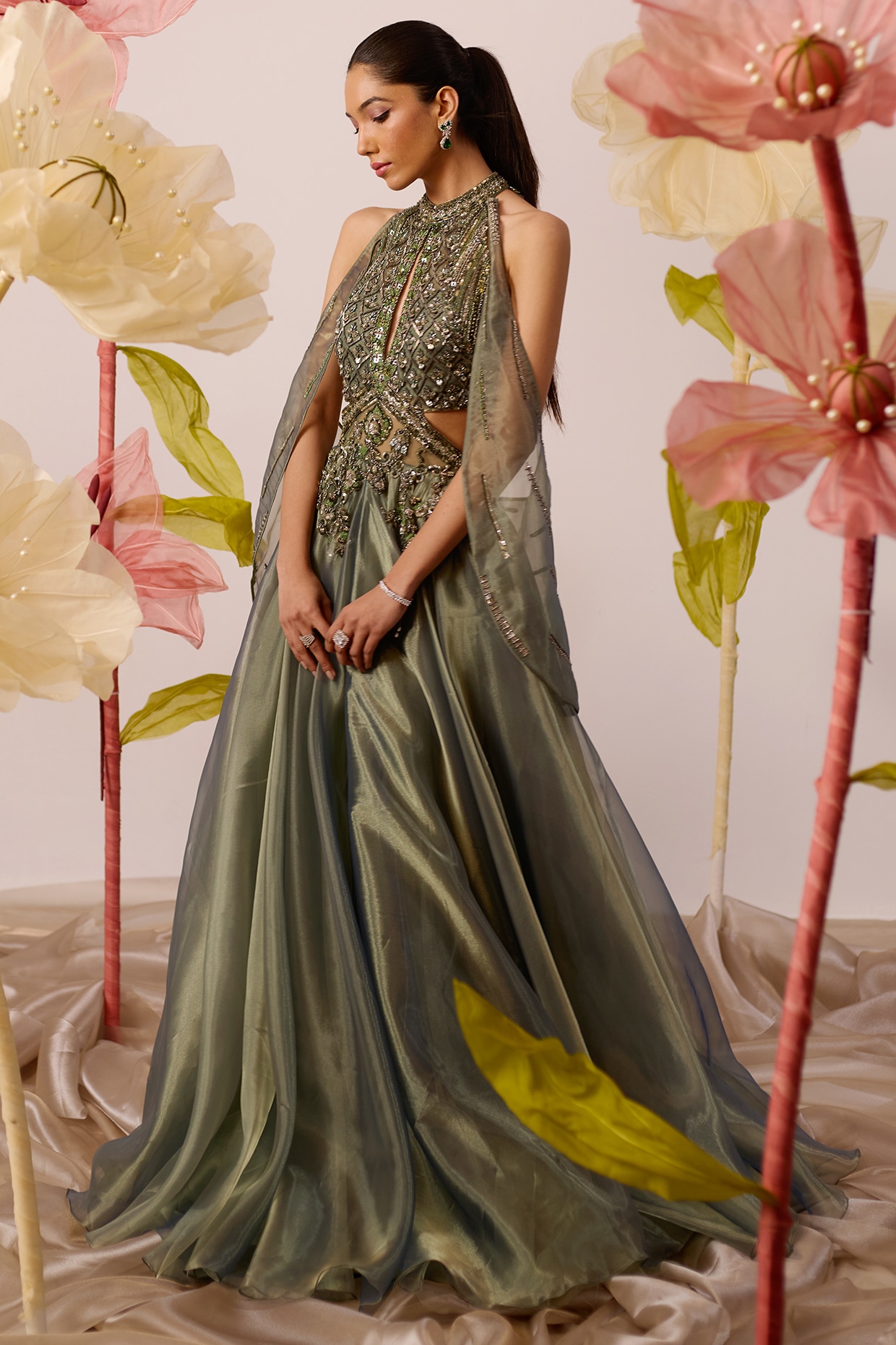 Olive Green Organza Embellished Halter-Neck Gown With Cape Design by ROQA  at Pernia's Pop Up Shop 2024