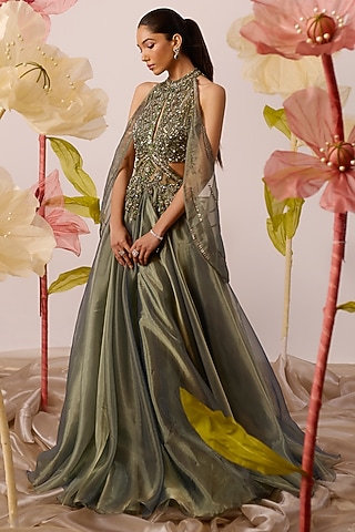 Olive Green Organza Embellished Halter-Neck Gown With Cape by ROQA | Siddharth Khurana & Kartik Khurana