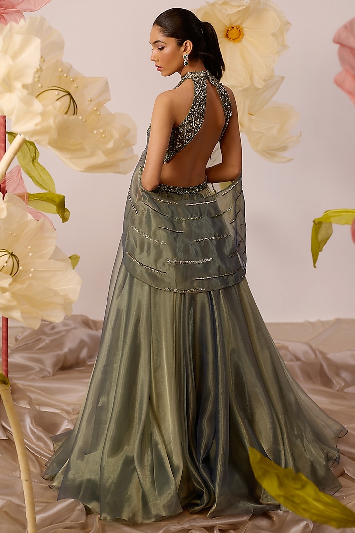 Olive Green Organza Embellished Halter-Neck Engagement Gown With Cape by ROQA | Siddharth Khurana & Kartik Khurana at Pernia's Pop Up Shop